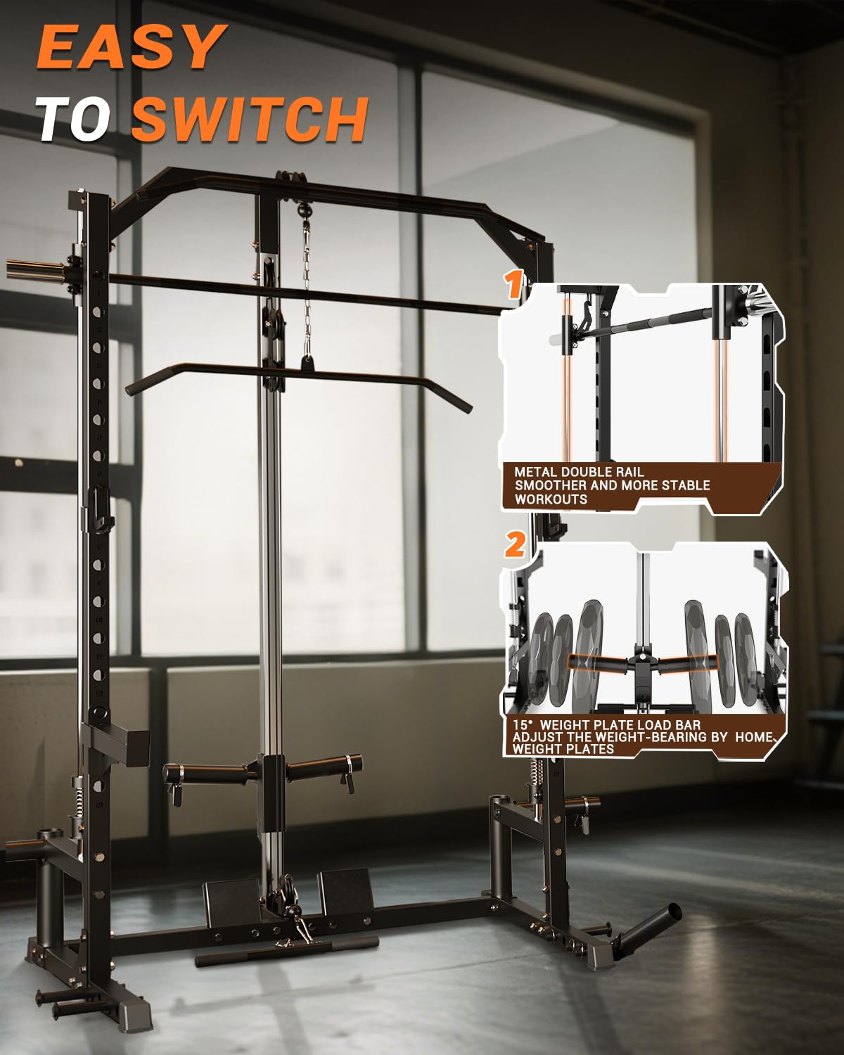 Smith Machine, 1000 LBS Squat Rack for Home Gym, LAT Pulldown Machine, Multifunctional Power Rack, Power Cage for Strength Training