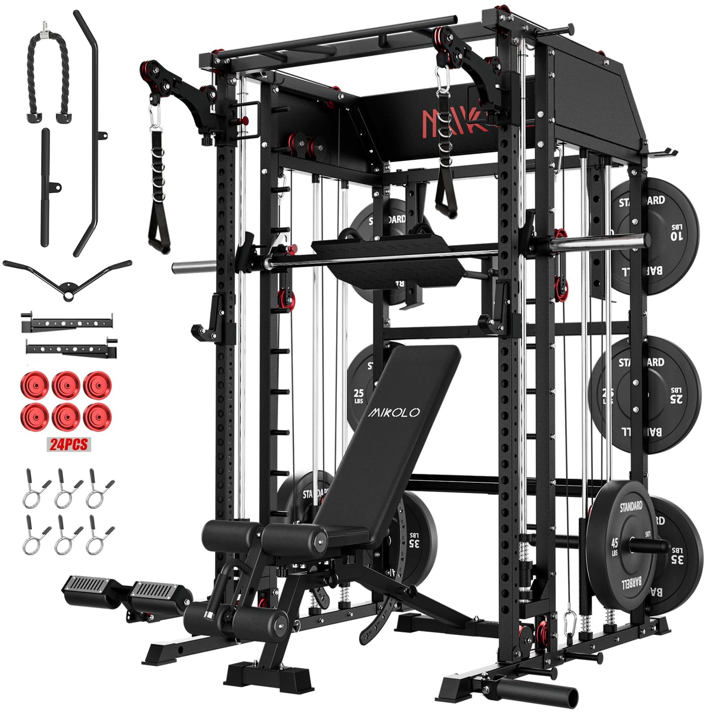 Mikolo Smith Machine, Multi-Function Power Cage with Dual Pulley System, Vertical Leg Press Attachment, Squat Rack Power Rack with More Training Attachment for Home Gym (M7230HPHGPB)