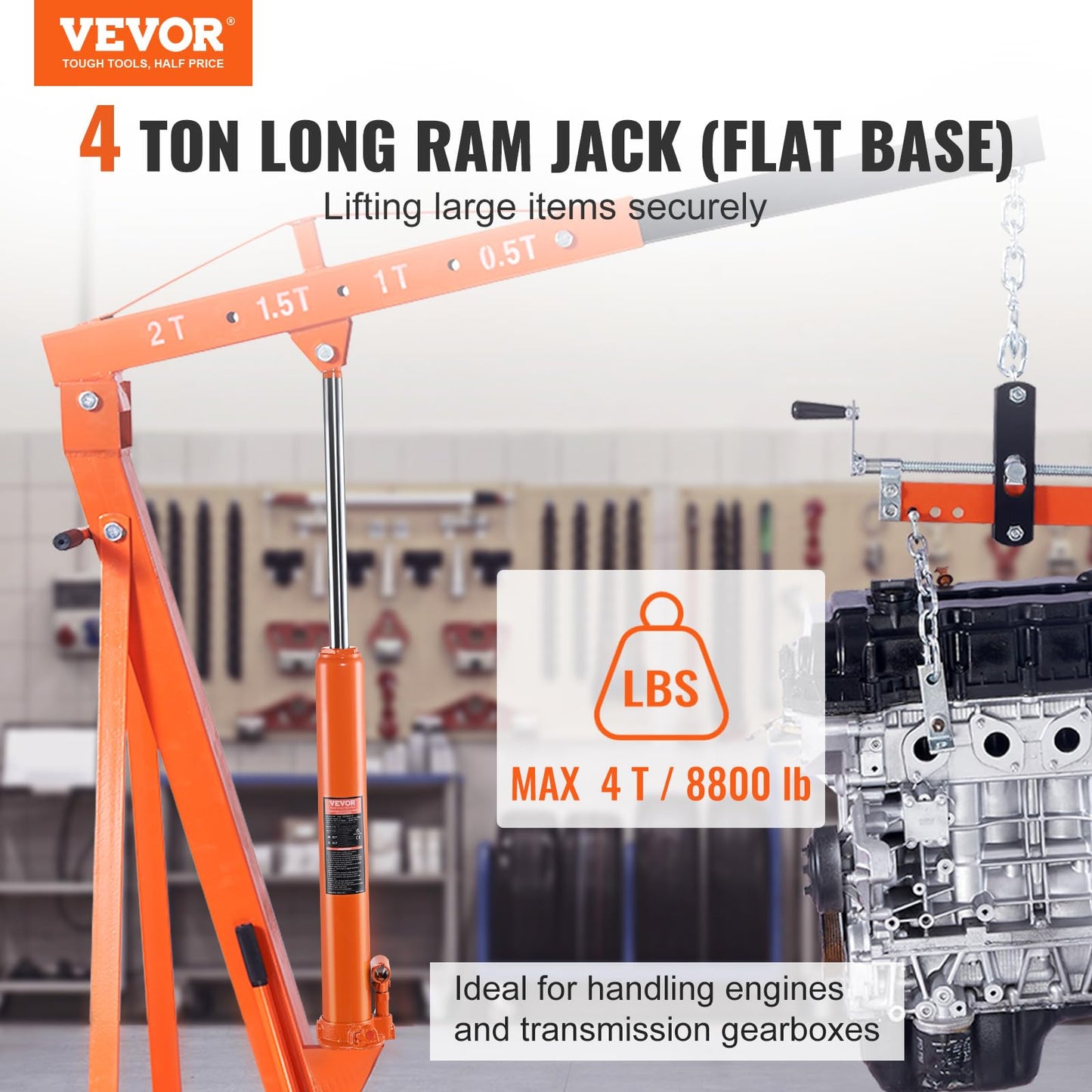 VEVOR Hydraulic Long Ram Jack, 4 Ton Engine Hoist Cylinder with Single Piston Pump and Flat Base, Hydraulic Ram Cylinder for Engine Lift Hoists, Hydraulic Garage/Shop Cranes, Mechanical, Farm