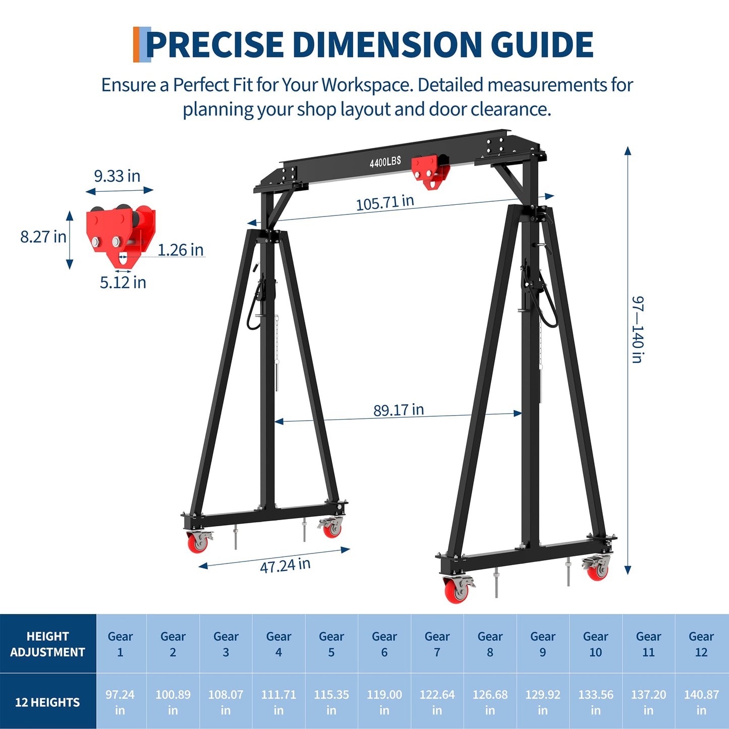 GarveeTech 2 Ton Gantry Crane 4400 LBS with Manual Trolley, Hook and Sling Strap, Height Adjustable from 97" to 141", Portable Shop Hoist with 12-Position Locking Pins, for Workshop, Garage
