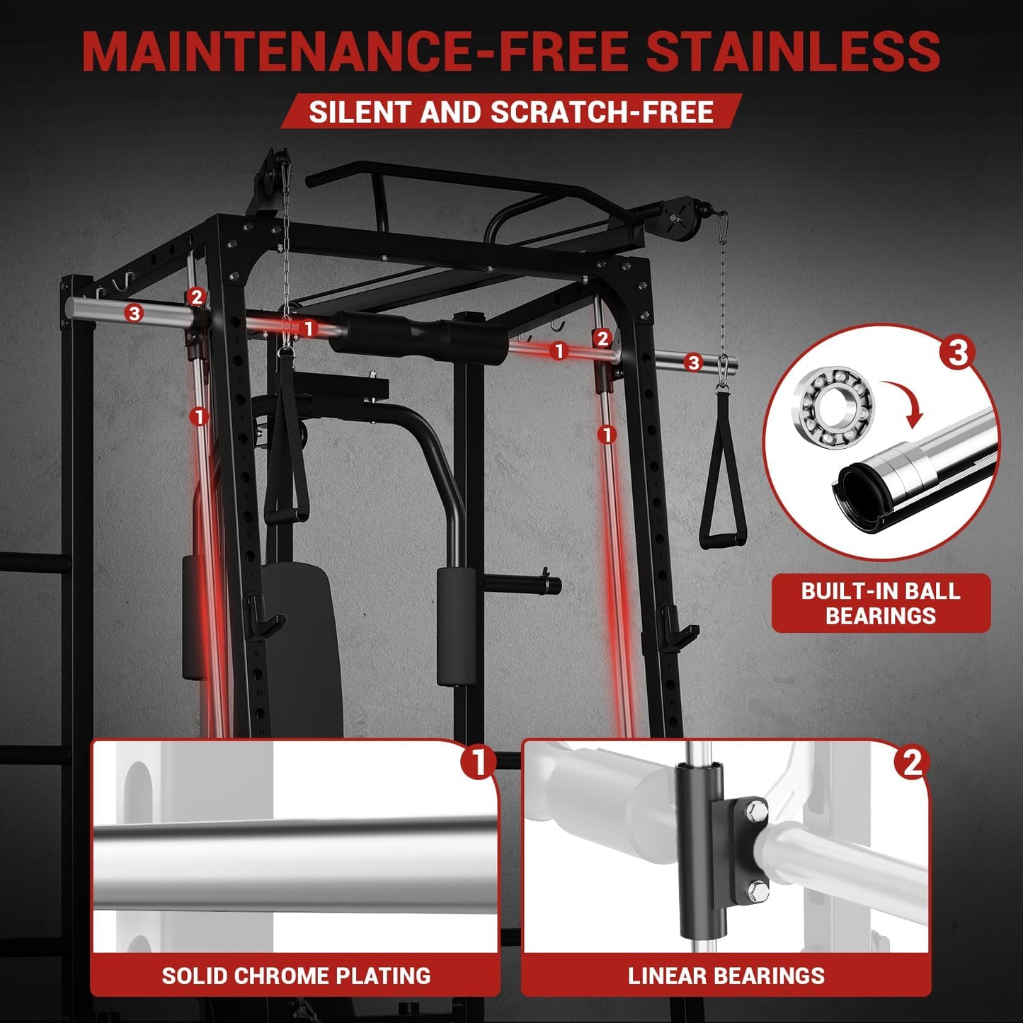 Smith Machine Squat Rack with Butterfly Chest Sation, Multi-Function Home Gym Power Cage with Cable Crossover, LAT Pulldown, 8 Weight Storage Pins & T-Bar for Full Body Strength Training