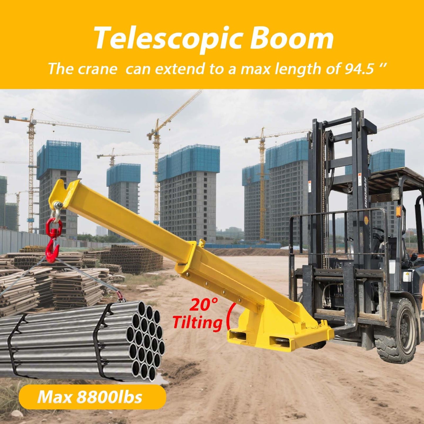 JARYANNIX Forklift Jib Boom Crane, 4T 94.5’’ Forklift Mobile Crane with Hook Hoist, 20°Tilt for Towing Handling Equipment, Adjustable Telescopic Booms Attachments