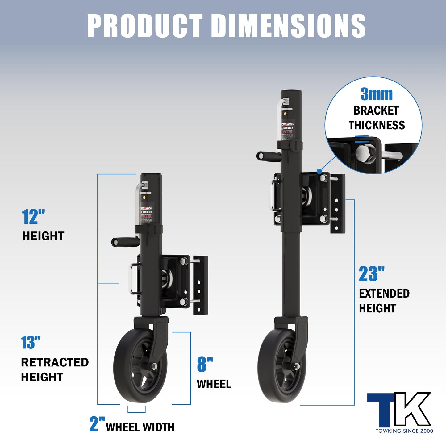 TOWKING 8" Spoke Wheel Trailer Jack, 10" Vertical Movement, 1500 lbs, for RV, Boat, Trailer and More, Black