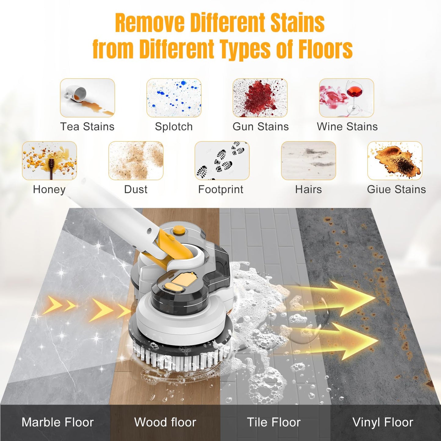 Cordless Electric Mop for Dewalt 20V Battery (NO Battery), 2 in 1 Spin Mop & Electric Floor Scrubber with LED Light & Water Spray, Electric Mops for Floor Cleaning, Hardwood,Tile (White Yellow)