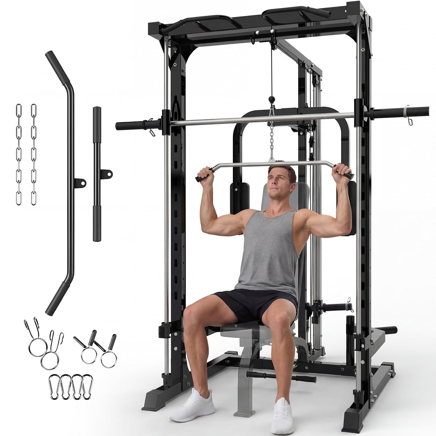 Multi-Functional Smith Machine Power Cage Squat Rack – Heavy Duty Home Gym Equipment – Includes LAT Pulldown, Low Row, Pull-Ups & Bench Press