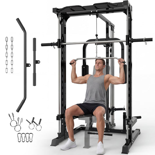 Multi-Functional Smith Machine Power Cage Squat Rack – Heavy Duty Home Gym Equipment – Includes LAT Pulldown, Low Row, Pull-Ups & Bench Press