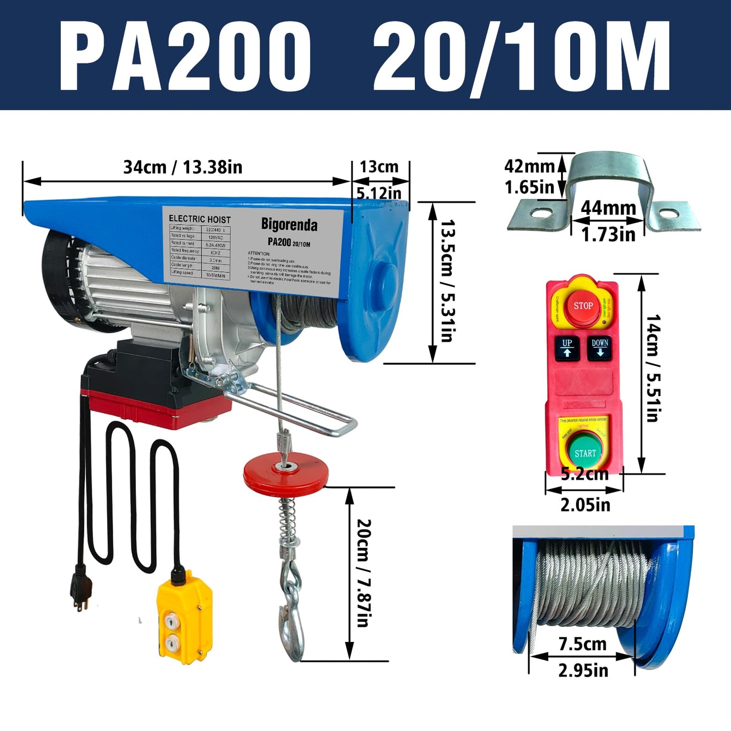 Bigorenda 440lb Electric Hoist with Remote Control/Wired Control, Electric Hoist 2 in 1, 110v Electric Hoist with Single/Double Slings,65.6/33ft Lifting Height, for Factory Attic Garage Warehouse