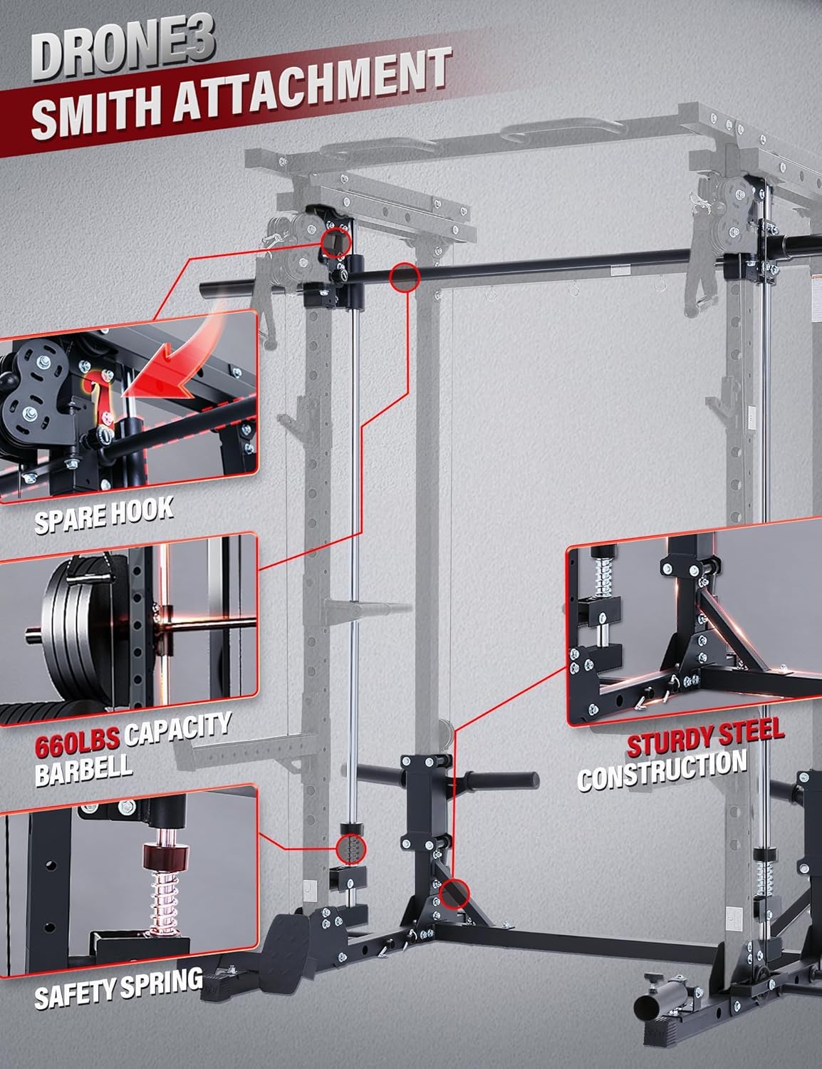 Major Fitness Drone3 Smith Machine, All-in-One Home Gym Squat Rack with Cable Crossover & Pull-Up Station, Heavy-Duty Strength Training (D3SMS-BK (with Bench Elite BLK & 230LB CLR BP)