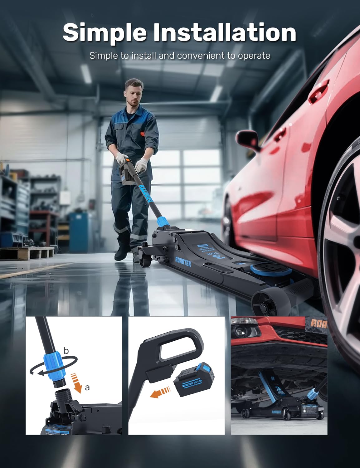 ROADTEK 3 Ton Electric Floor Jack, Low Profile Jack for Quickly Car Lift, Hydraulic Service Jack, 6000 lbs Capacity. Lifting Range 3-3/8" to 24-1/4"(Caster Wheel)