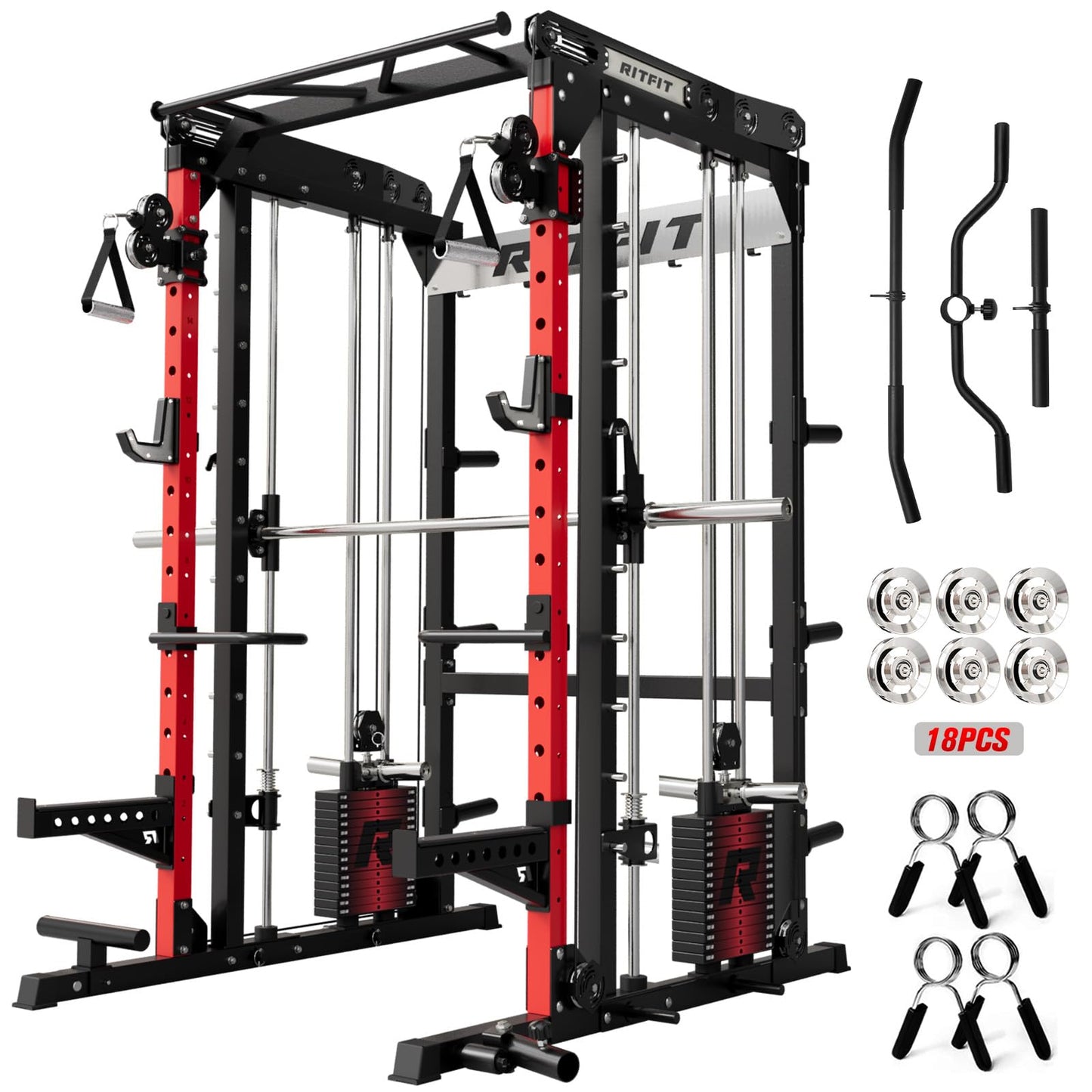RitFit M2 Smith Machine with with Cable Crossover System, 3D Functional Trainer & Power Cage, 16 Adjustment Holes, 6 Storage Pegs for Full-Body Home Gym(M2 Pro Red)