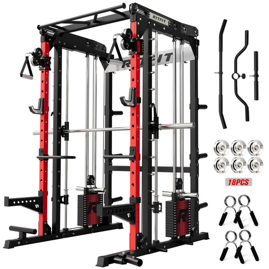 RitFit M2 Smith Machine with with Cable Crossover System, 3D Functional Trainer & Power Cage, 16 Adjustment Holes, 6 Storage Pegs for Full-Body Home Gym(M2 Pro Red)