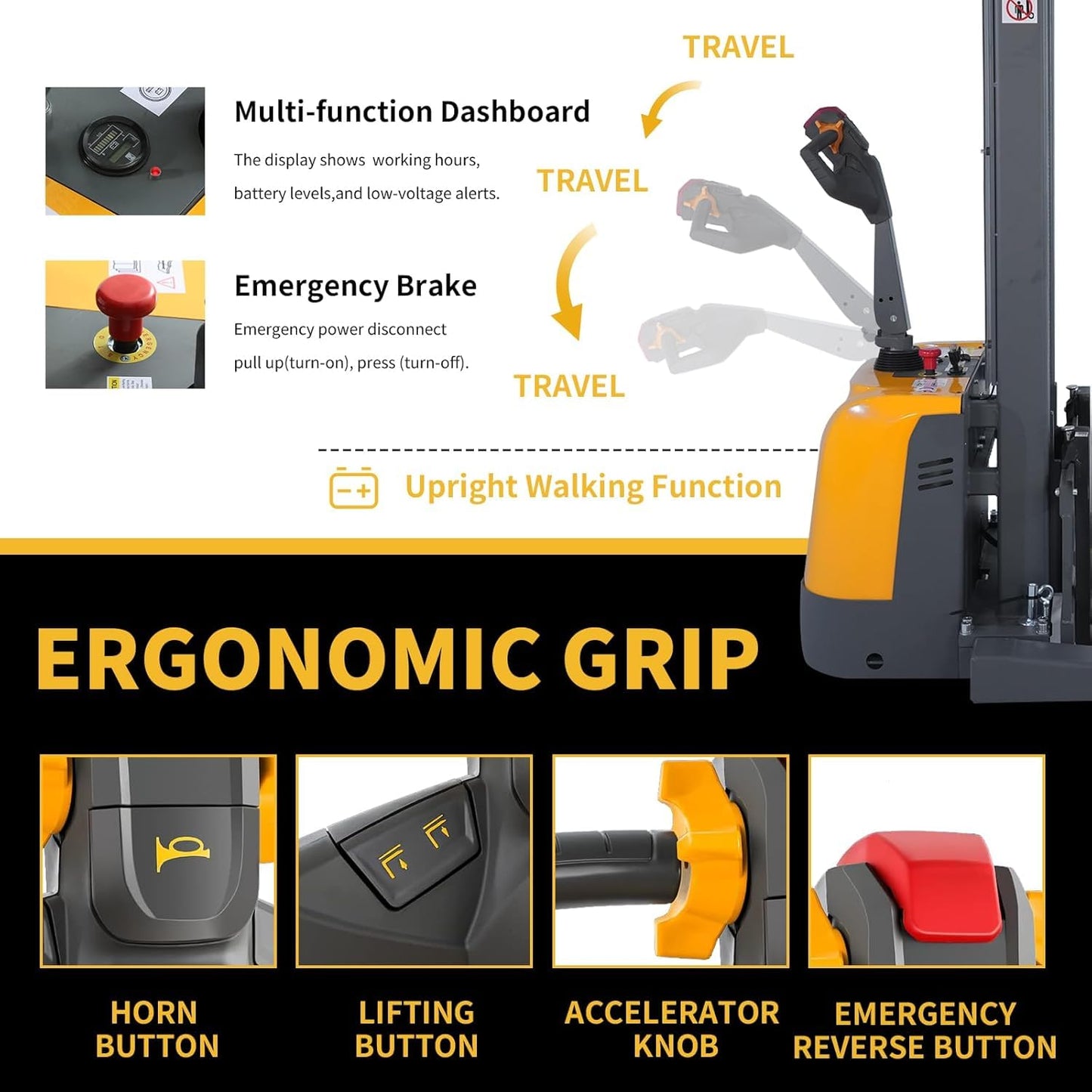 Full Electric Pallet Stacker, Heavy-Duty Lift Trucks with Straddle Leg and Adjustable Forks for Efficient Warehouse Operations, Pallet Lifts Stackers with Built-in Charger