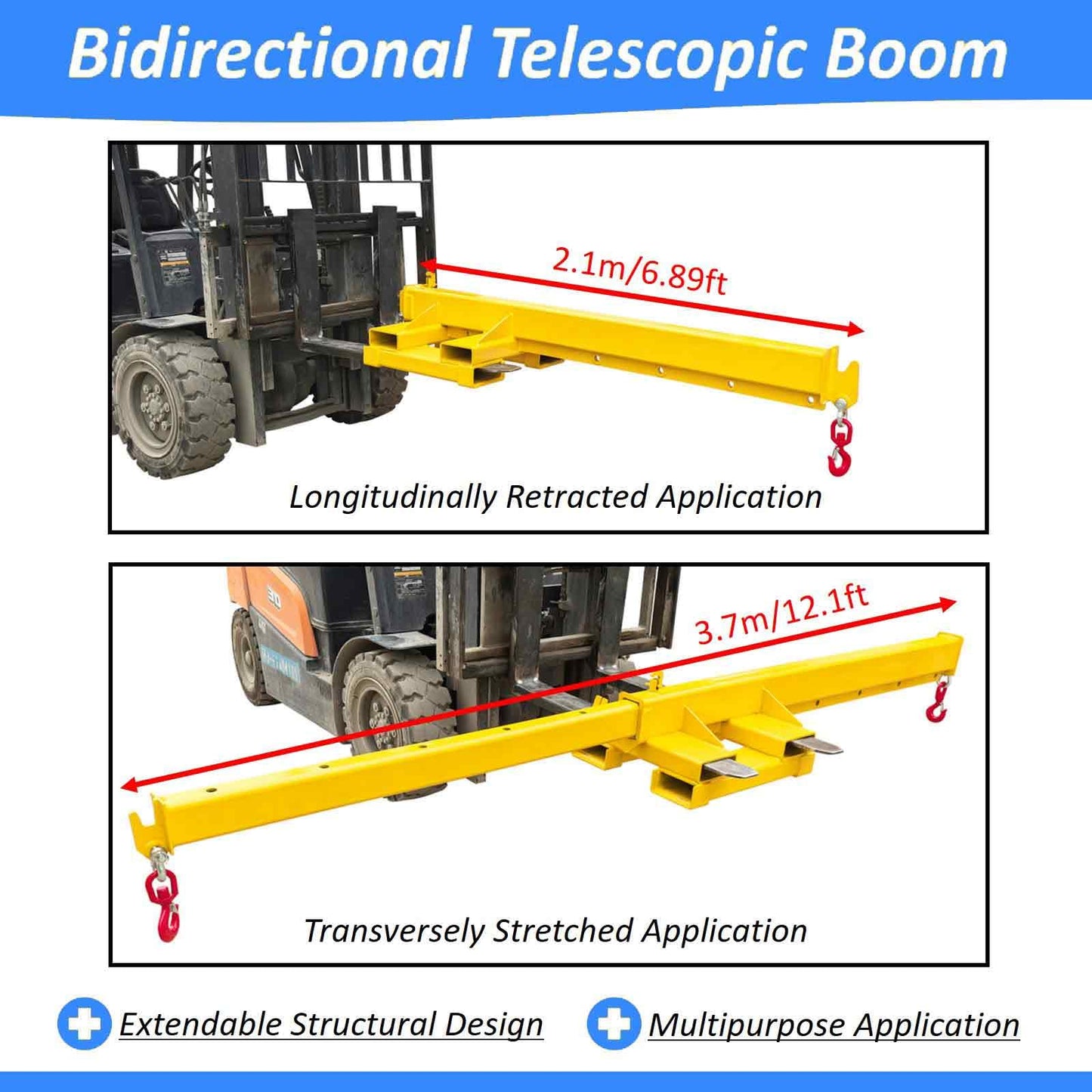 BEILOCKERY Forklift Jib Crane 4400lbs/2 Ton Capacity, Telescopic Boom with Transverse & Longitudinal Direction, Adjustable Mobile Hoist with Truss Boom & 2 Hooks, Max Reach 145.2 Inches