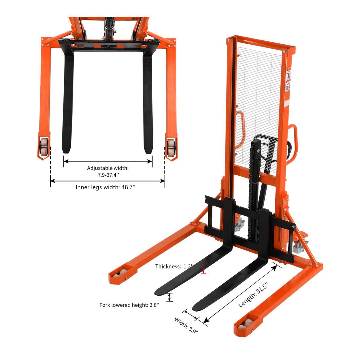 Tory Carrier Manual Pallet Stacker, Material Lift - 2200 lbs Capacity, 63" Lifting Height Pallet Lift Truck with Straddle Legs and Adjustable Forks