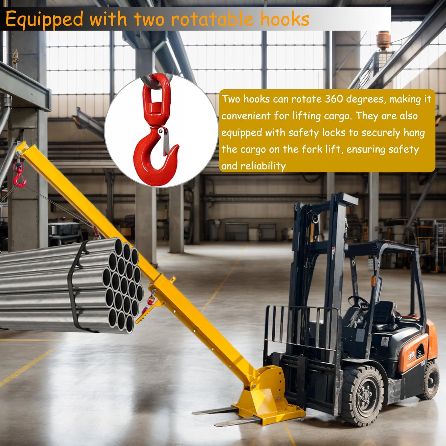 TECHTONGDA 2T/4400LB Forklift Jib Boom Crane Attachment with 0-75 Adjustable Tilt Angle, Two Swivel Hooks, Forklift Mobile Crane, Manual Telescoping Boom 7-12ft for Warehouse & Factories