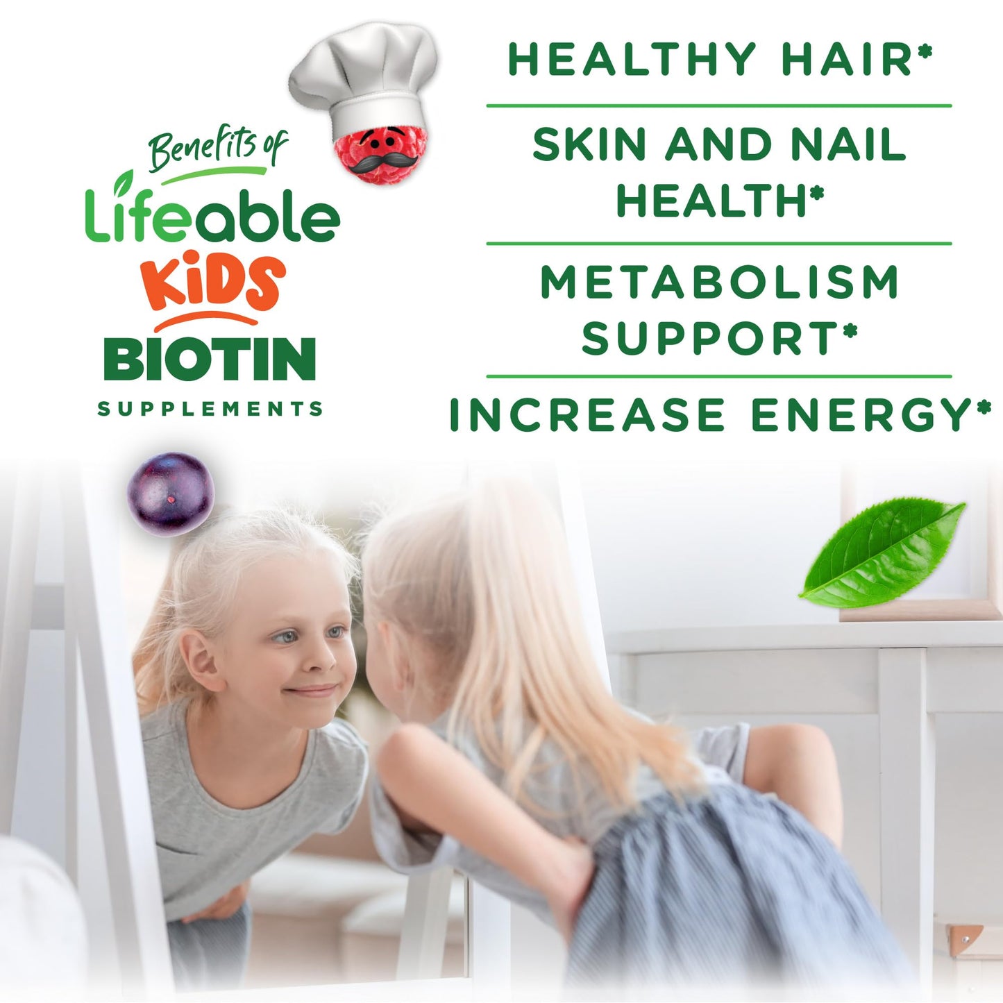 Lifeable Kids Biotin Gummies | 5,000mcg | Great Tasting Natural Flavor Biotin Supplement | Vegan Non GMO Hair Gummies | for Hair Skin and Nails | 90 Gummies
