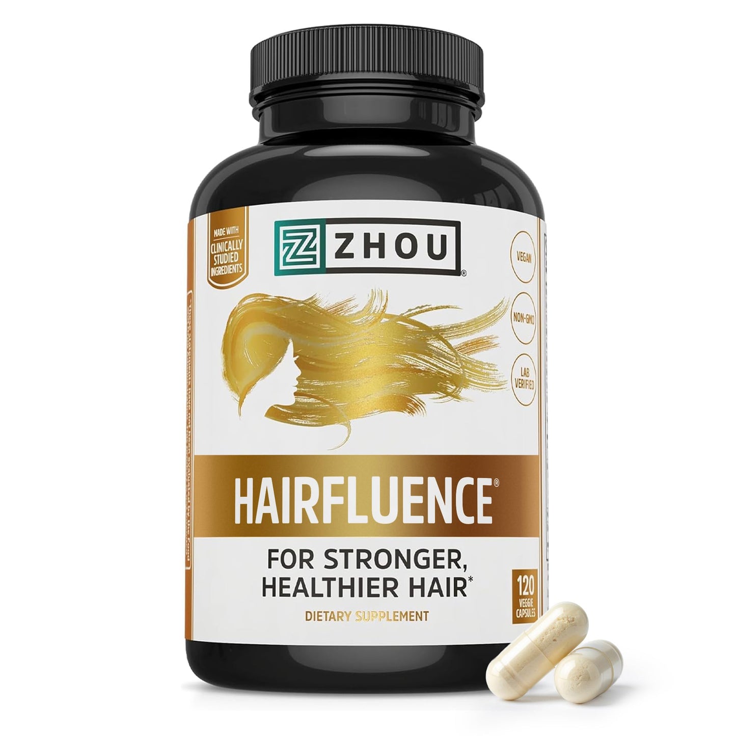 Zhou Hairfluence - Vegan Biotin Supplement for Hair Growth for Men & Women, Supports Stronger, Healthier Hair, Nails, & Glowing Skin with Lustriva & B Vitamin Complex - 120 Veggie Capsules (Pack of 1)