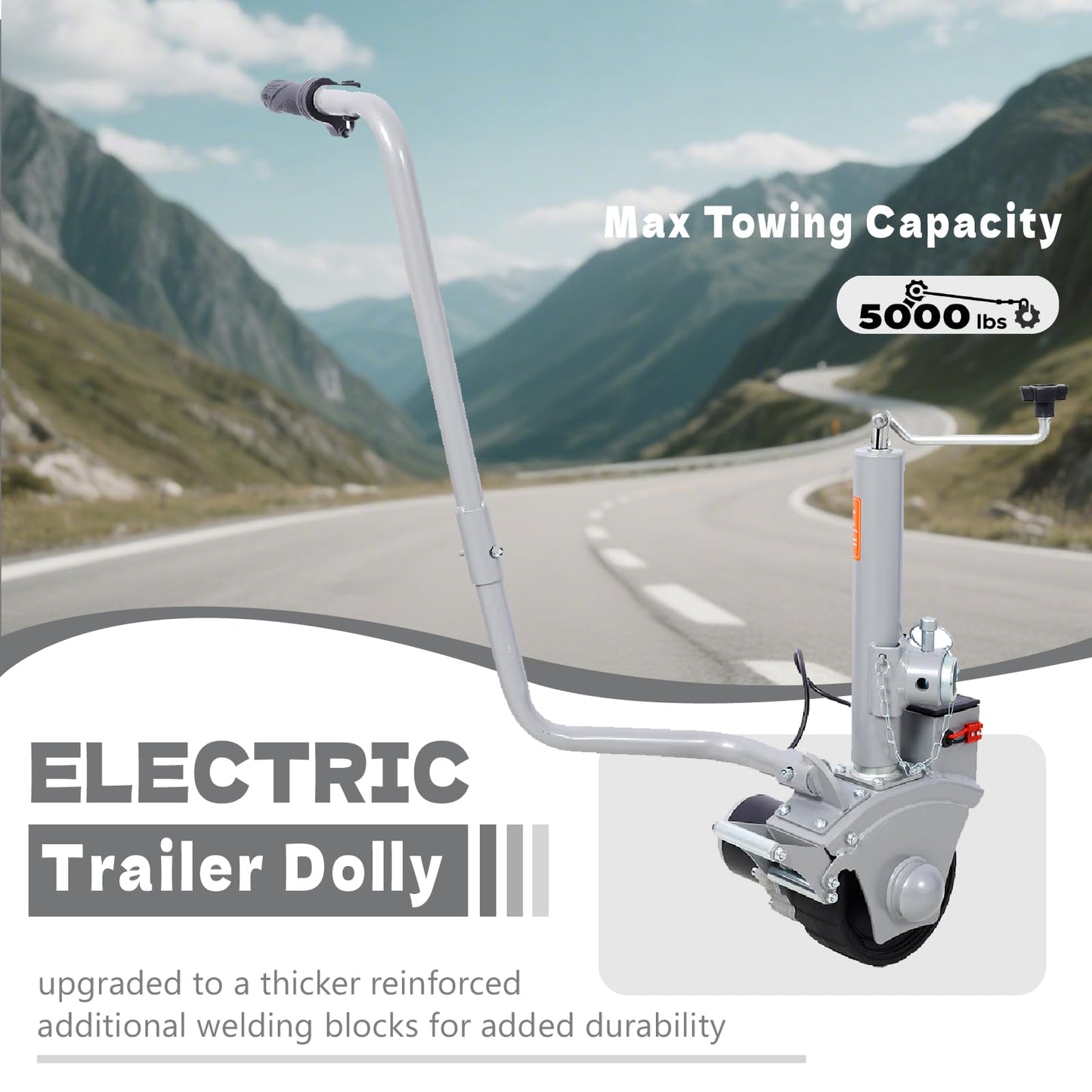 Adjustable Electric Trailer Dolly, Full Speed 5000lbs Powerful Towing Capacity, 350W 12V Trailer Jockey Wheel with 22 Ft/min Moving Speed, 8'' Rubber Tire, Universal Fit for Caravan, Boat