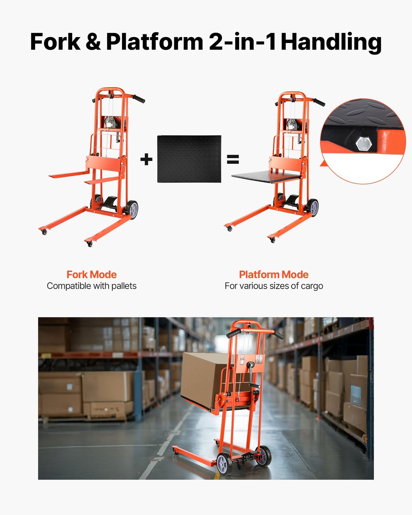 VEVOR Material Lift Winch Stacker, 330 lbs Capacity Hand Winch Lift Truck, 42.9 inch Lifting Height, Multifunctional Manual Pallet Truck Dolly with Swivel Casters & Lift Plate