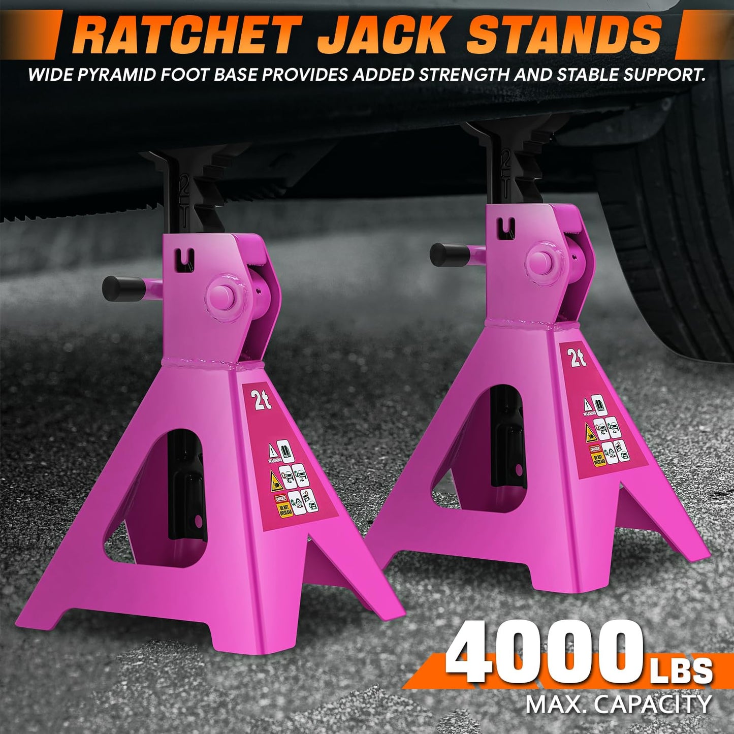 PM PERFORMOTOR Low Profile Hydraulic Trolley Service/Floor Jack Combo with 2 Ratchet Jack Stands, 2 Ton (4000 lbs) Capacity, Purple, PM-TOL-FJ3P-PR