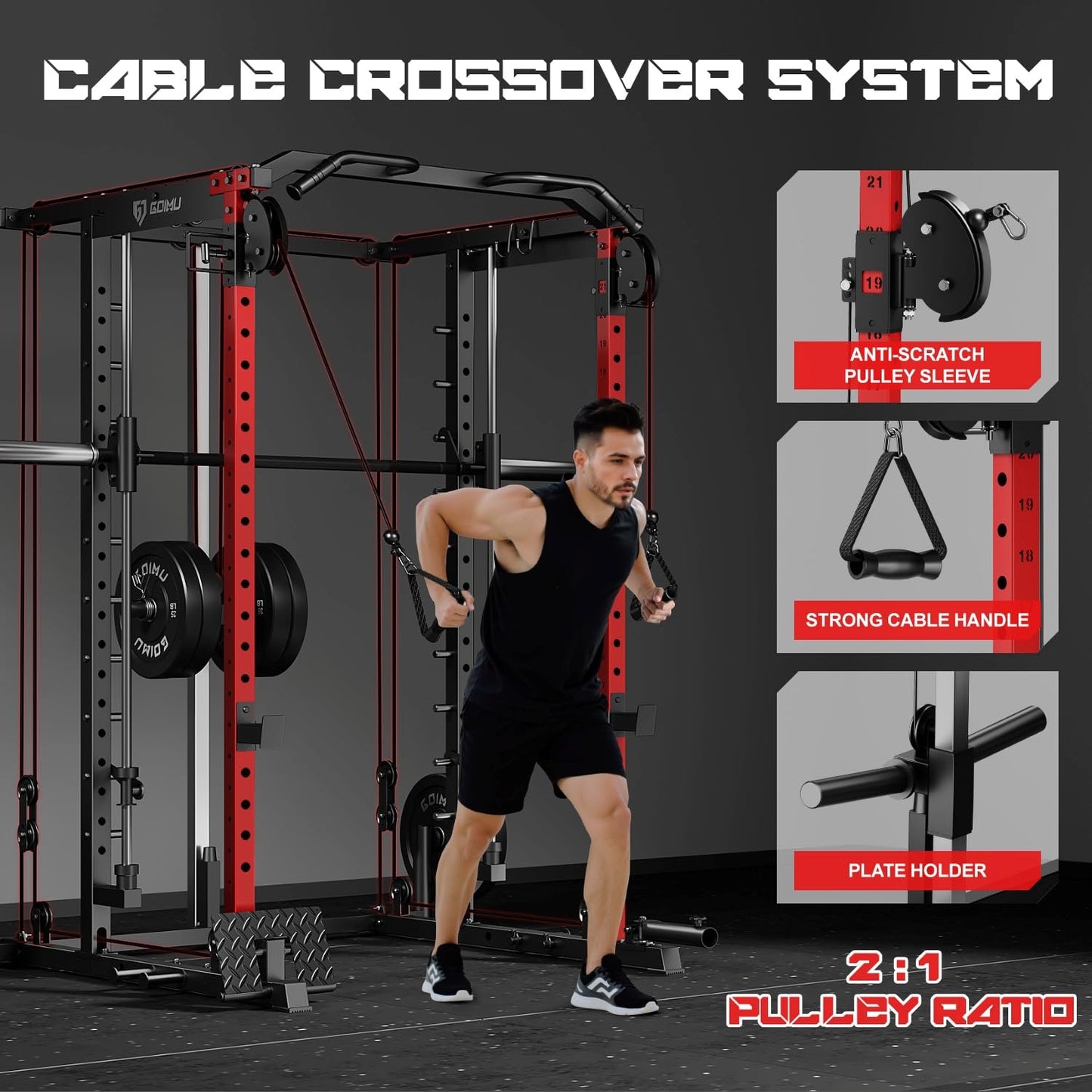 Goimu S1-V4 Smith Machine, 2000LBS Power Cage with Cable Crossover System, All-in-One Squat Rack with Smith Bar, Strength Training Equipment for Hone Gym (Red Smith Machine S1)