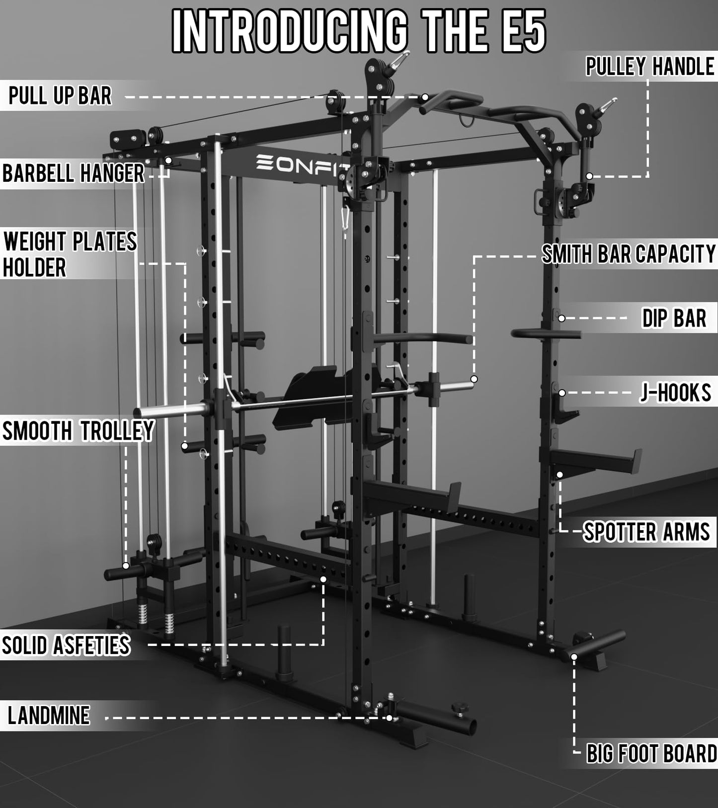 EonfitOmni Eonfit E5 Smith Machine with Vertical Leg Press, Power Cage Squat Rack with LAT-Pull Down Cable Crossover Rotating Arms System Home Gym Equipment All in One (Black, PRO)