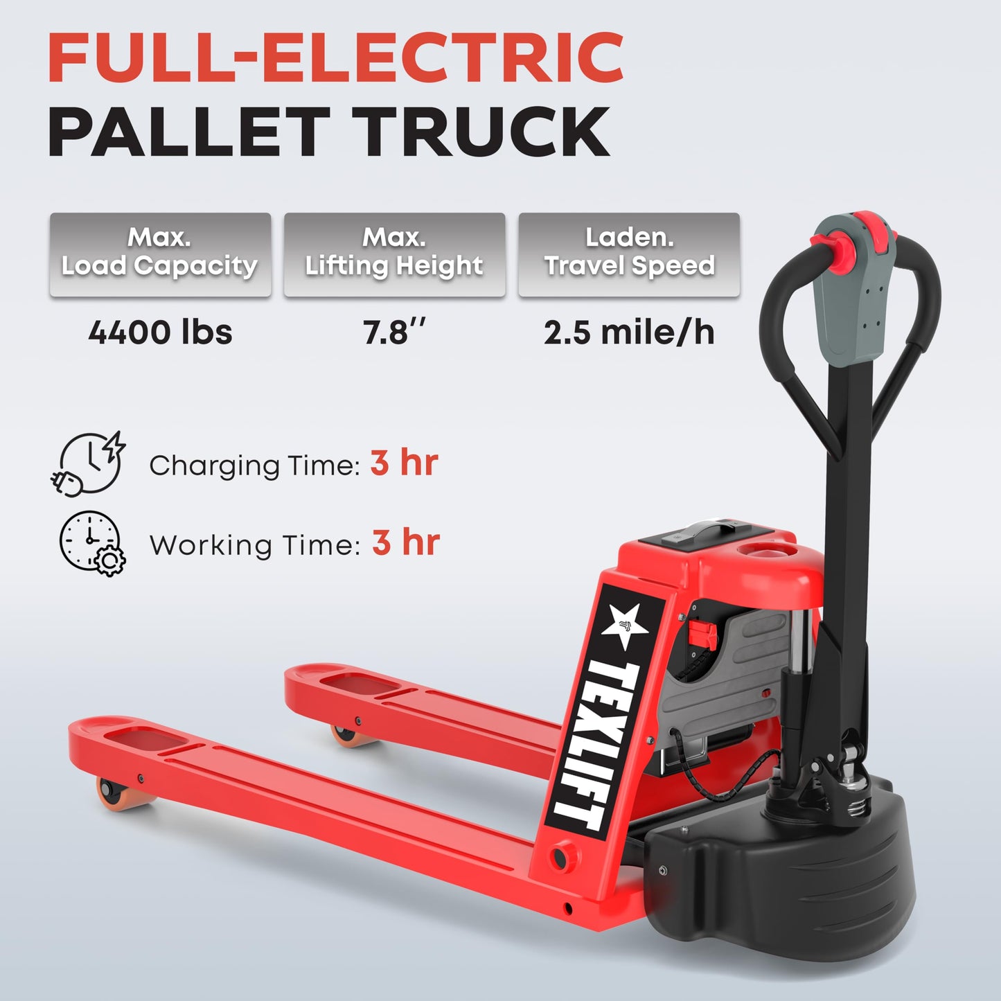 TEXLIFT Full Electric Forklift Walkie Pallet Stacker 3300 Lb Capacity 138 Inch Lifting Height and Full Electric Power Pallet Jack 4400 Lb Capacity 48” L x 27” W Fork Size