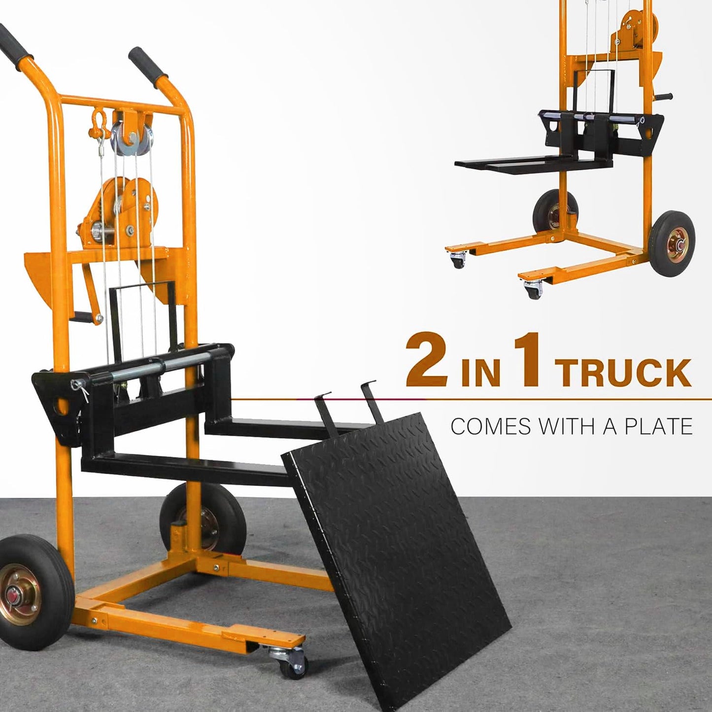 Material Lift Winch Stacker, 330 lbs Capacity Table Cart, 40.5" Lifting Height Manual Forklift Stacker, Pallet Jack Truck Dolly with Swivel Casters and Lift Plate (Yellow)