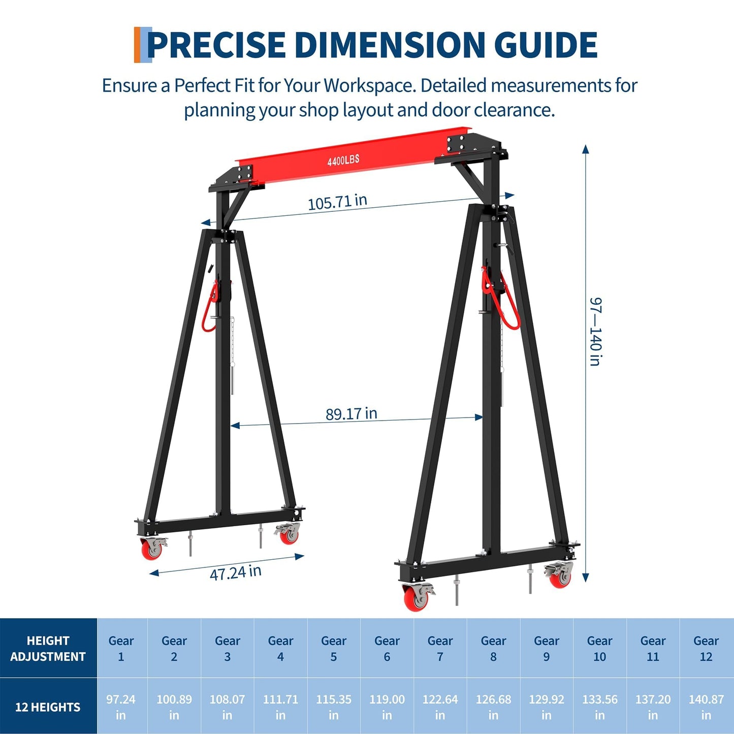 Adjustable Gantry Crane 1 Ton 2200 Lb, 12 Height Positions 97-141 in, Triangle Base a-Frame, Heavy Duty Steel i-Beam, Portable Lifting Crane for Warehouse, Shop, Construction