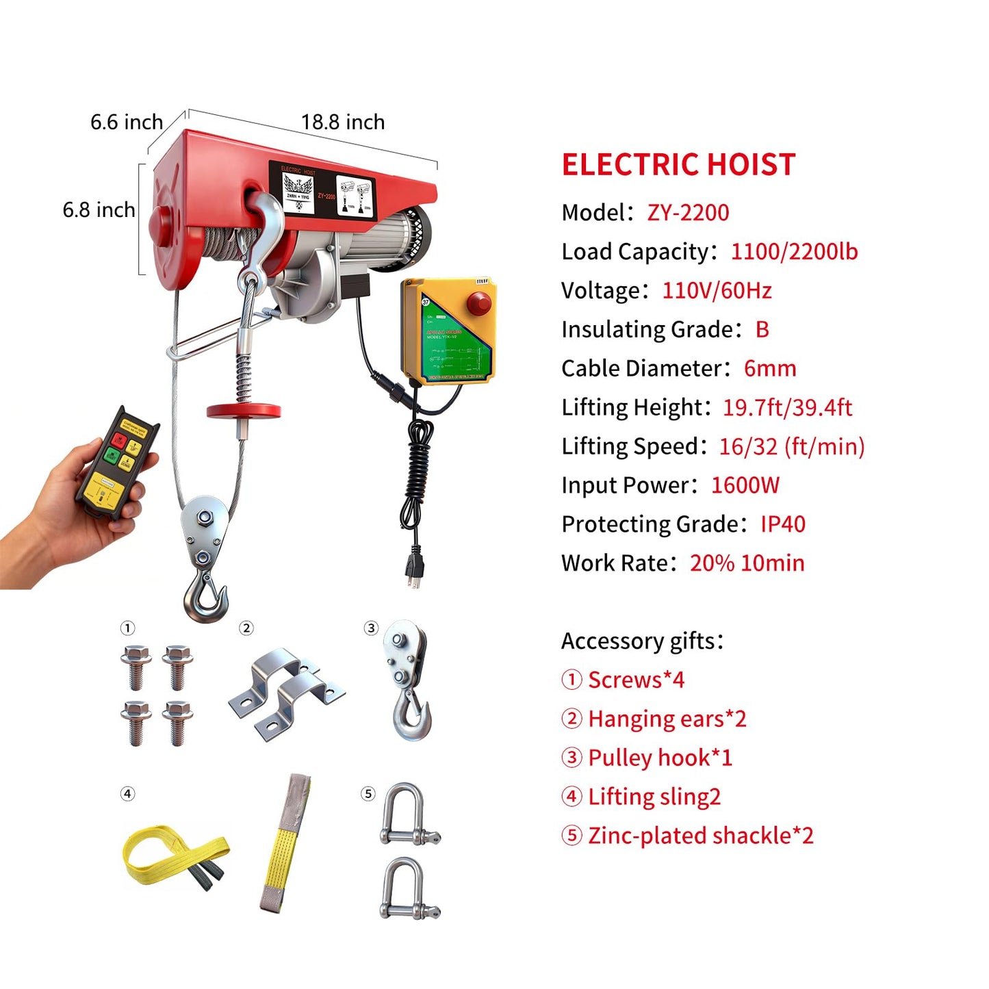 2200lbs Electric Hoist with Wireless Remote Control,110v Electric Hoist with Remote Control, 40ft/20ft Lifting Height & Motor, Lift Hoist for Factories Warehouses Construction Site Attic