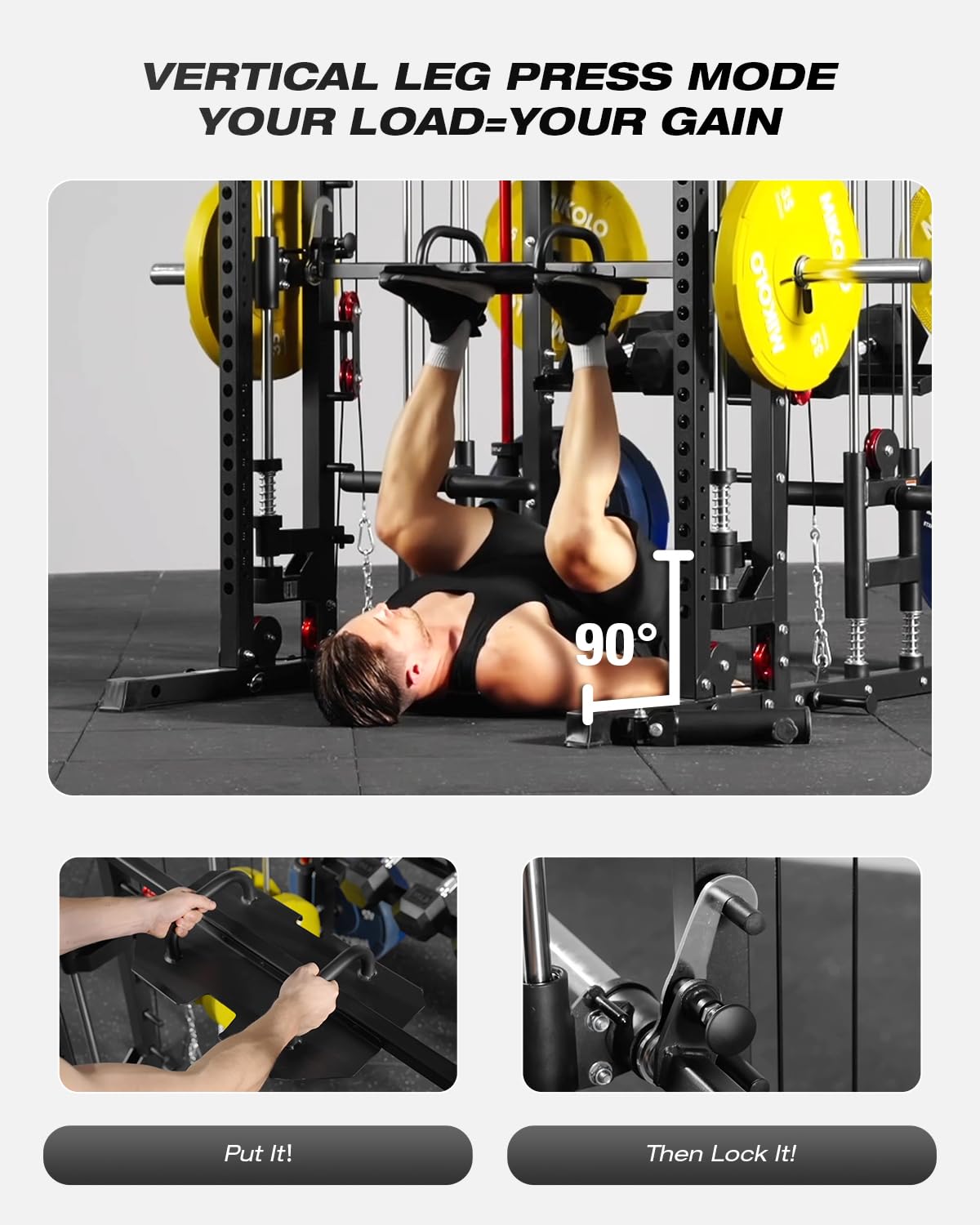 Mikolo Smith Machine, Multi-Function Power Cage with Dual Pulley System, Vertical Leg Press Attachment, Squat Rack Power Rack with More Training Attachment for Home Gym (M7230HPHGPB)