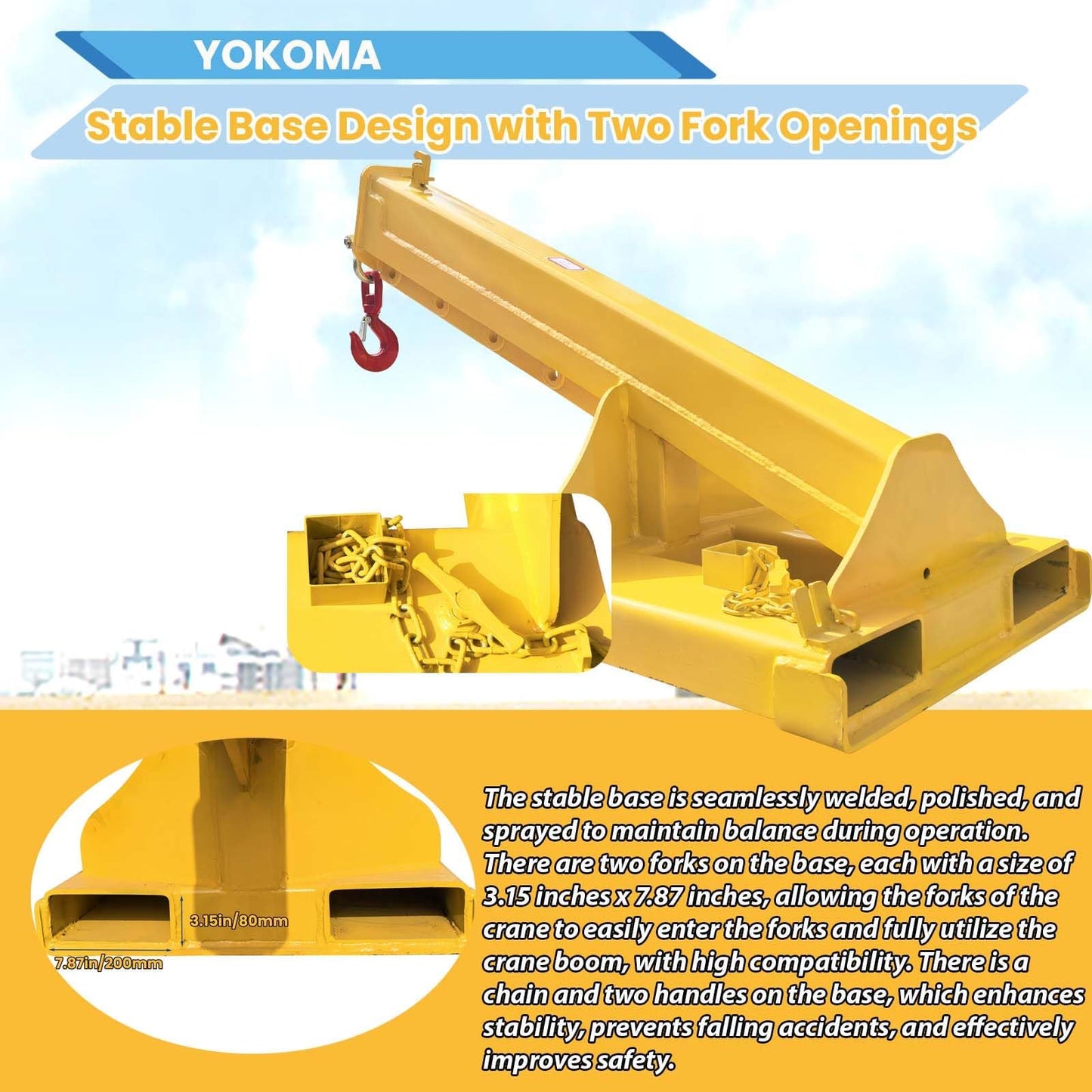 Yokoma Forklift Jib Boom Crane 11023lb Capacity Adjustable Mobile Crane Lifting Hook Hoist Pivoting Truss Jib Boom Extends 94.5in Industrial Telescopic Lift Attachments for Construction Warehouse