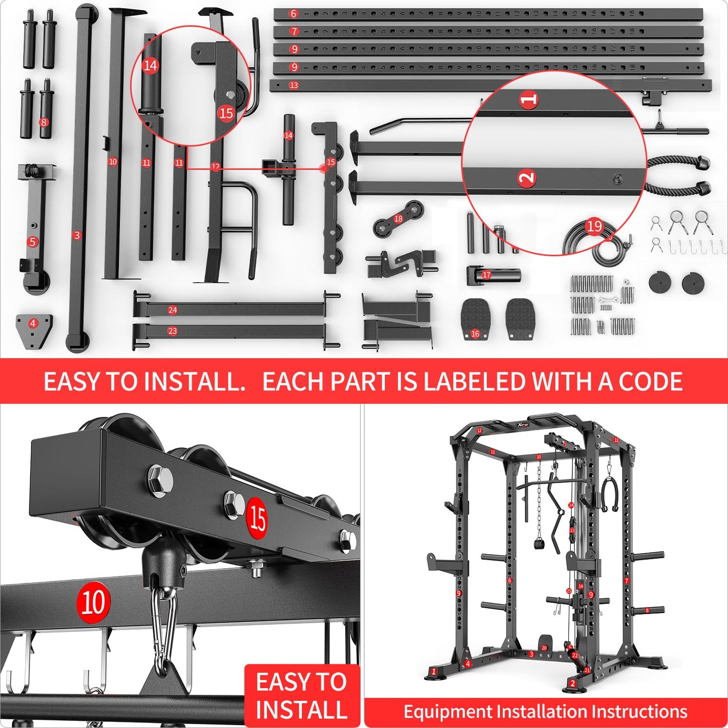 Power Rack Power Cage Multi-Function Squat Rack with Cable Crossover System Selectable More Training Attachment Power Rack for Garage & Home Gym (Black, A Set L01 Power Cage)
