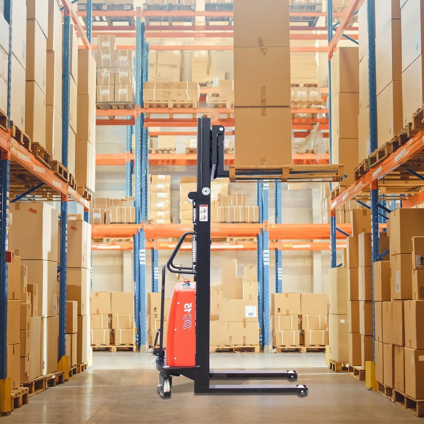HPDMC 3300lbs Semi-Electric Pallet Stacker, 98" Lifting Height Wakie Stacker, Fixed Legs Material Lift with Adjustable Forks