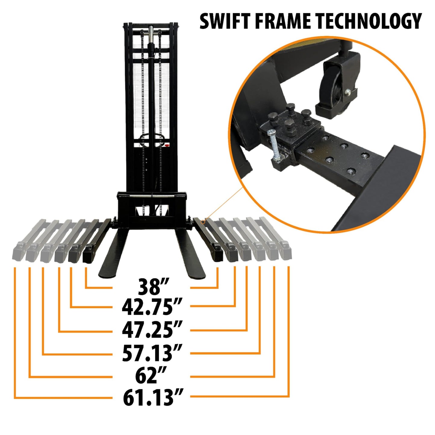 HOC EMS1035W SEMI Electric Wide Leg Pallet Stacker 2204 LBS 1000 KG Load Capacity + 138 INCH Height Capacity + Adjustable Frame Legs - North American Made