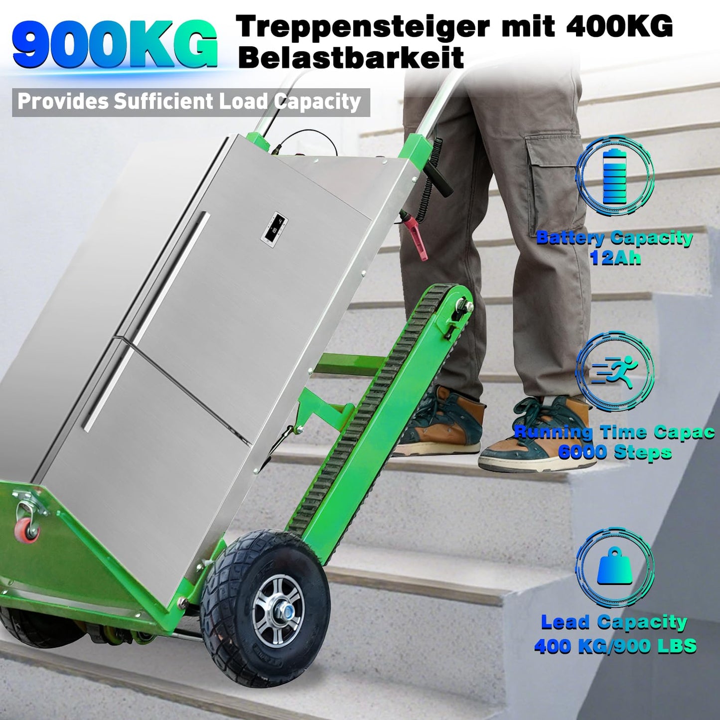 Electric Stair Climbing Dolly, 900lbs Heavy Duty Stair Climber, Stainless Steel Platform, Lithium Battery & Safety Rope, Foldable Moving Hand Truck for Warehouse Furniture Transport, Green
