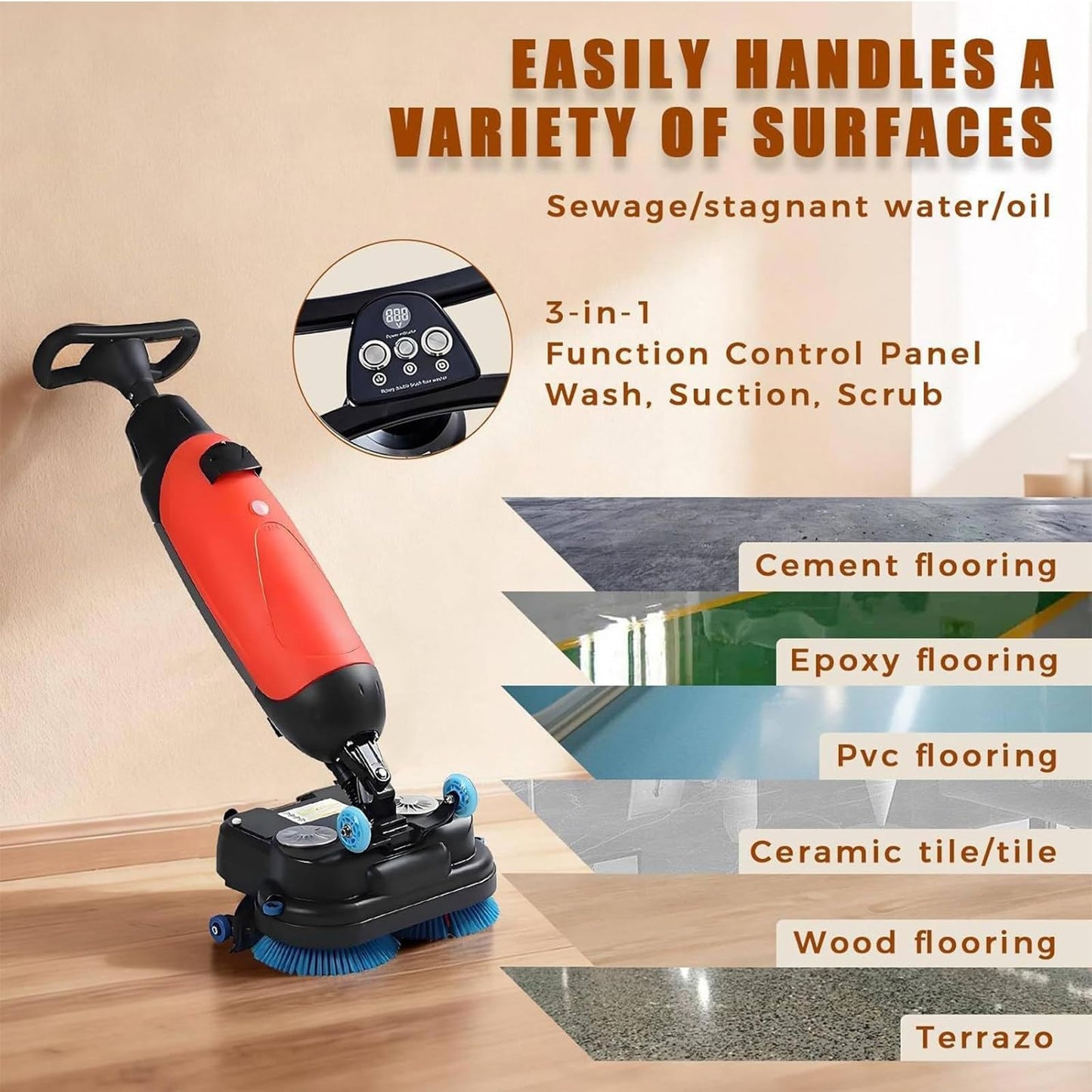 TDSYOCG Commercial Floor Scrubber & Floor Polisher Machine, 17" Cordless Electric Mop, Walk Behind Floors Scrubber with Brushes, Professional Floors Buffer Polisher for Concrete, Tile and Hardwood