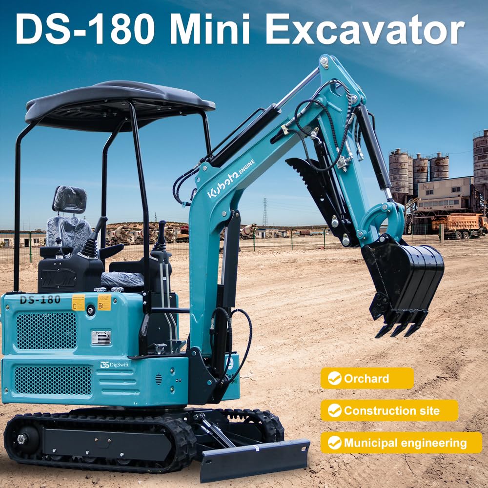 DigSwift DS-180, 1.8 Ton Diesel Mini Excavator with EPA Certified KubotaEngine, Pilot Control System, Hydraulic Thumb clamp，Bucket, US in Stock, Include 12 Months Parts Replacement Service