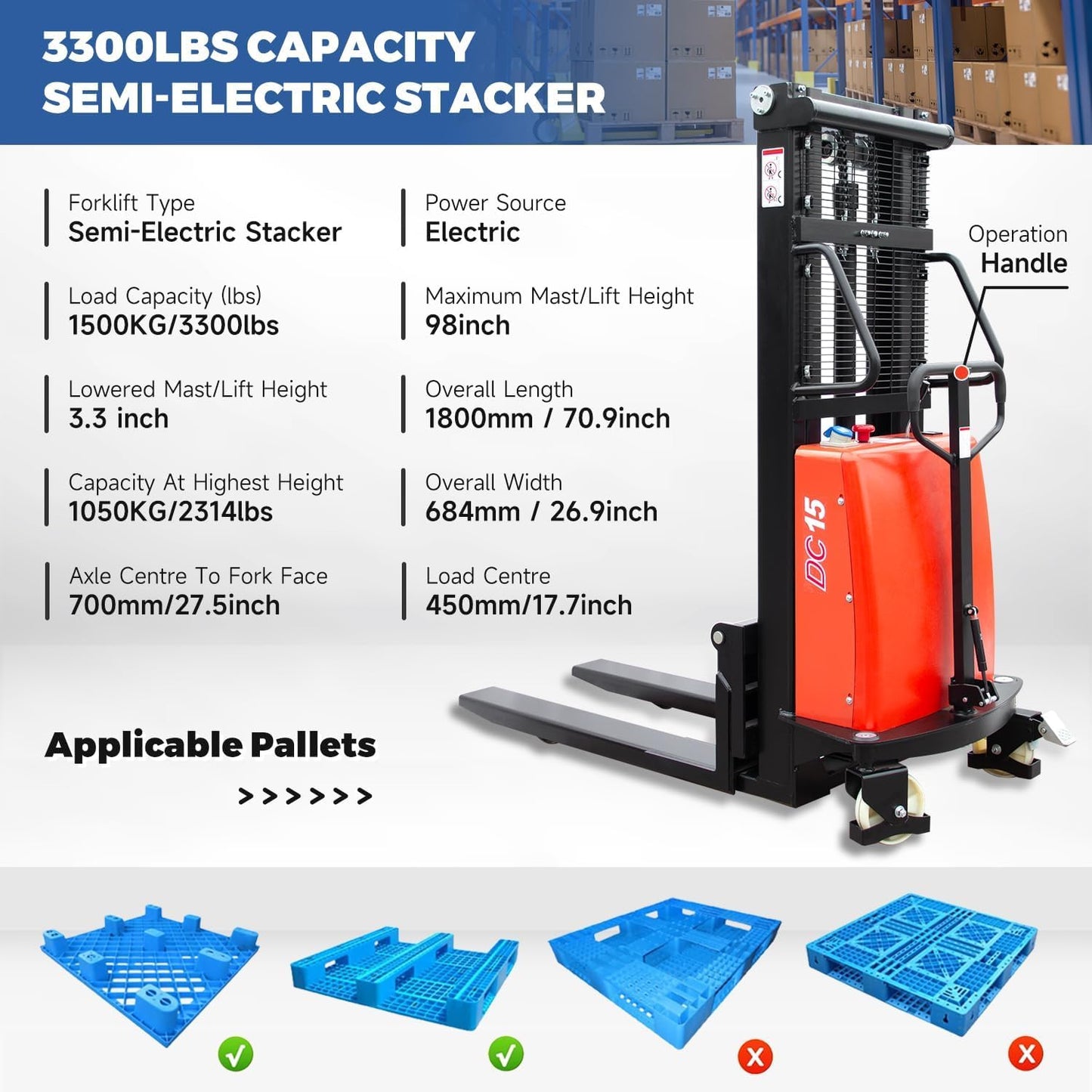 HPDMC 3300lbs Semi-Electric Pallet Stacker, 98" Lifting Height Wakie Stacker, Fixed Legs Material Lift with Adjustable Forks