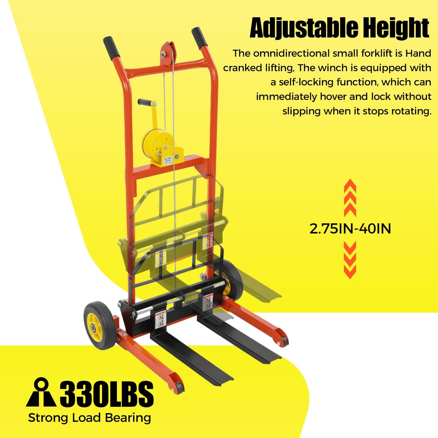 FiueStur Material Lift Winch Stacker 330 lbs Capacity Pallet Truck Dolly 40 Inch Lift Height Lift Table Adjustable Forks 9 Inch Wheels for Warehouse Workshop Material Handling