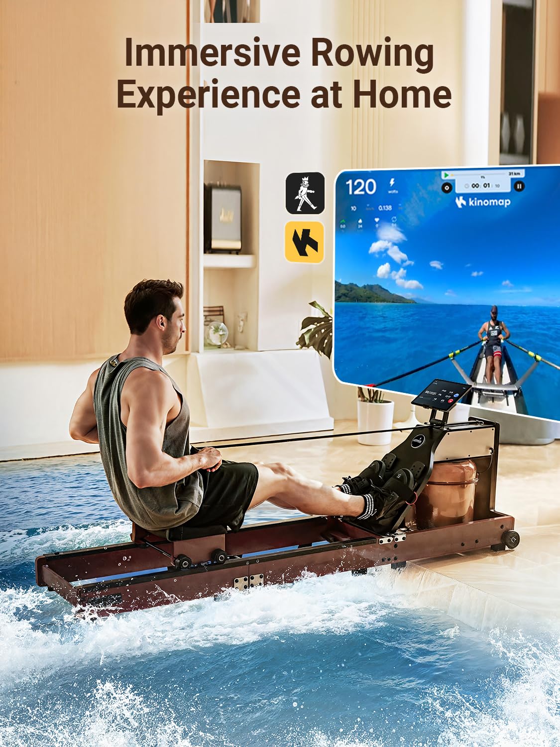 KINGSMITH Magnetic/Water Row Machine for Home Rower 331LB Weight Capacity, Folding Rowing Machine with LED Monitor, App Supported, Tablet Holder, Comfortable Seat, Trifold Home Rowing Machine Walnut