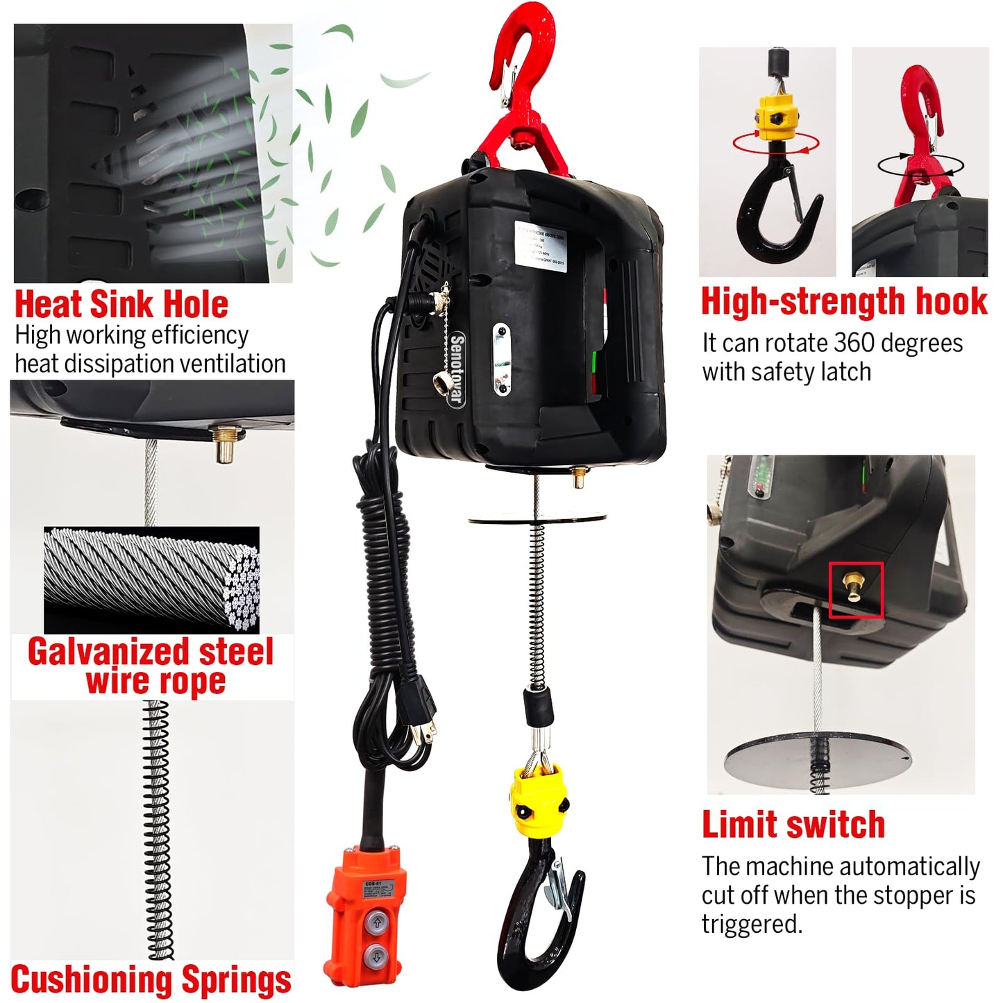 Electric Hoist Winch,1100lbs Electric Hoist 110 Volt 1500W Portable Electric Winch with Remote Control Wired/Manual,Chain Hoist Overload Protection 25ft Lifting Height for Towing&Pure Copper Motor