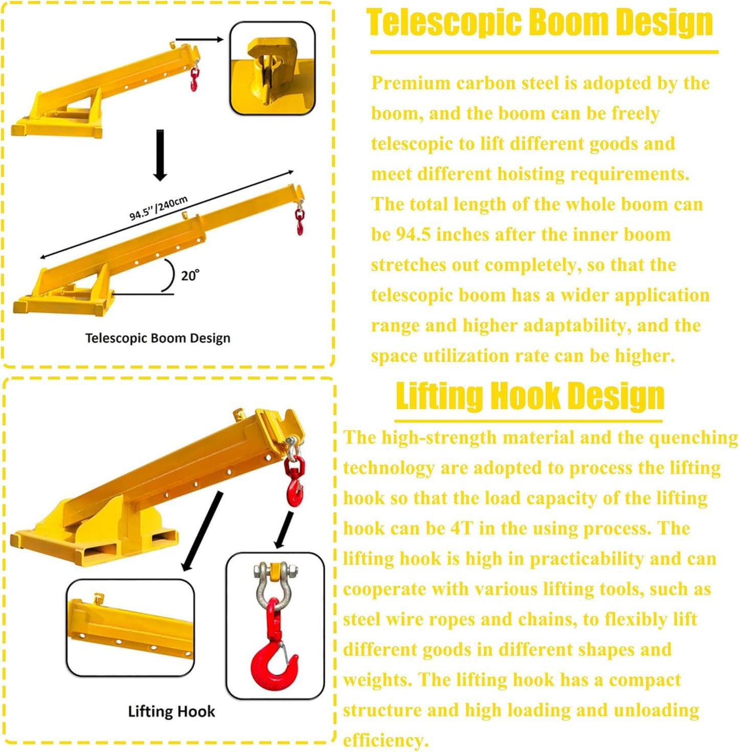HQHAOTWU Forklift Jib Boom Crane 8800lbs Capacity Telescoping Mobile Crane Industrial Adjustable Forklift Lifting Hoist Truss Jib Boom Hook Manual Telescopic 63in-94.5in for Warehouse & Factories