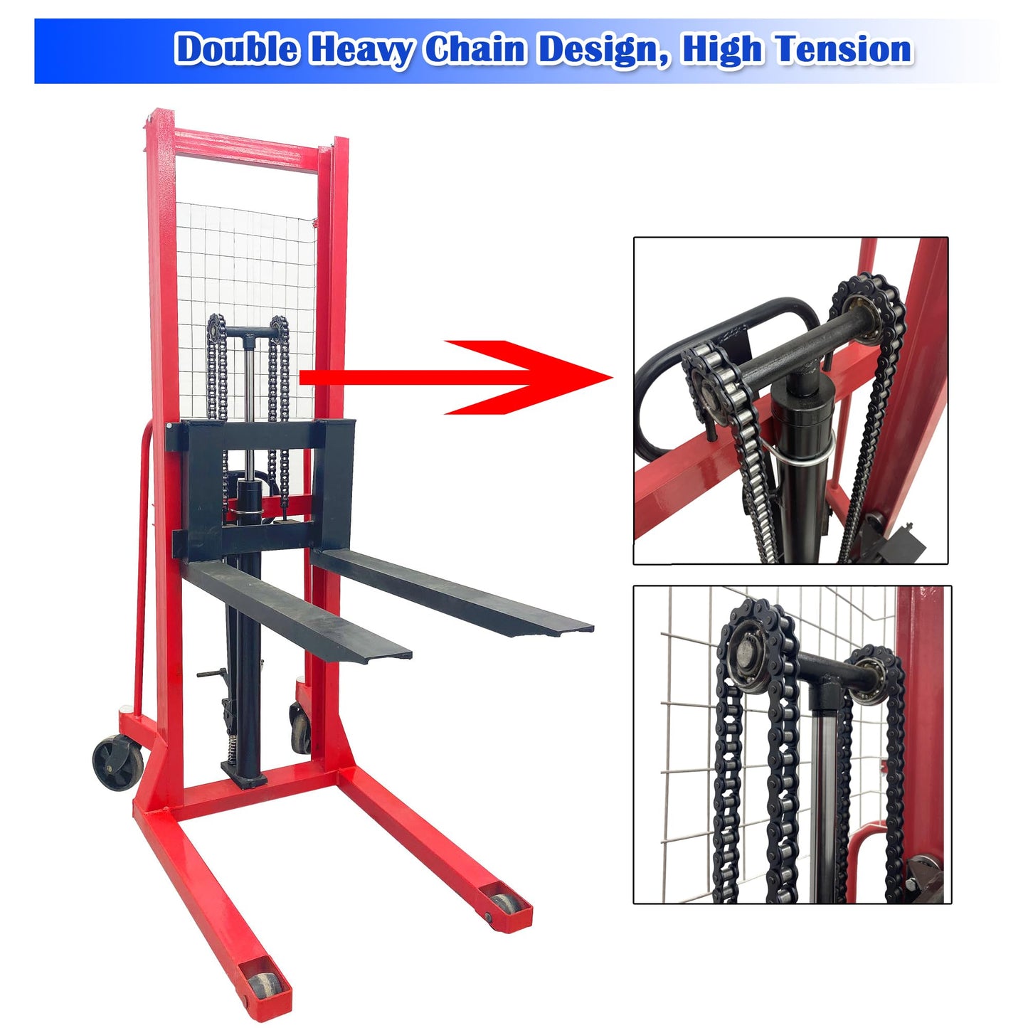 EQCOTWEA Manual Hydraulic Pallet Stacker 4400 LBS Capacity Pallet Truck 65" Lift Height Adjustable Forks Hand Hydraulic Stacker Fit to Pallets for Warehouse Lifting, Hoisting & Material Handling