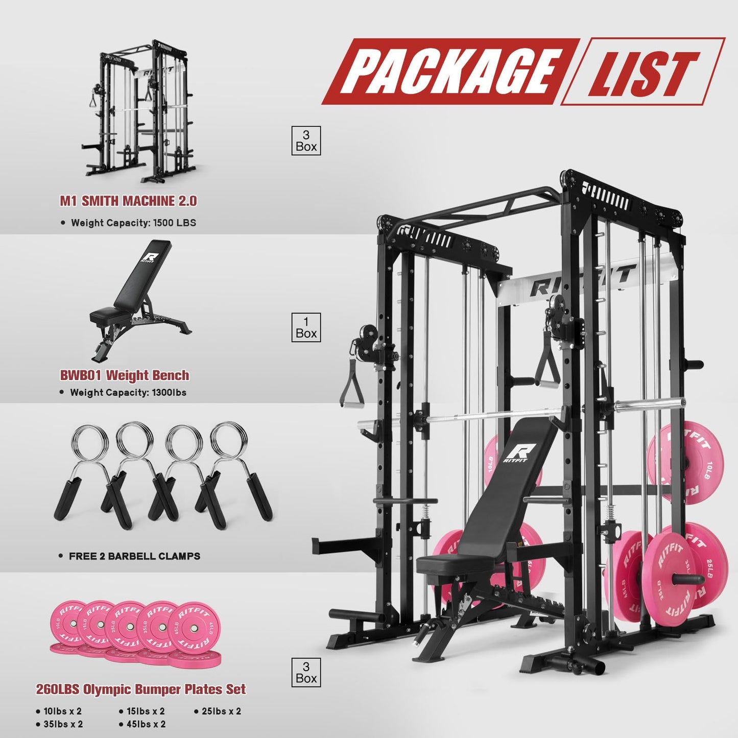RitFit M1 Pro Smith Machine with Cable Crossover System, Multi-Function Squat Rack Power Cage for Home Gym, Power Rack and Packages (with M1 PRO Pink BP 260LBS), Blackpink