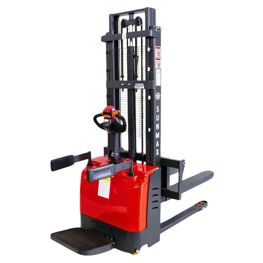 Full Electric Pallet Stacker, 3300 lb Capacity, 118" Lift Height, Walk-Behind Material Lift with Electromagnetic Brake, Fixed Straddle Legs, for Open-Bottom Pallets