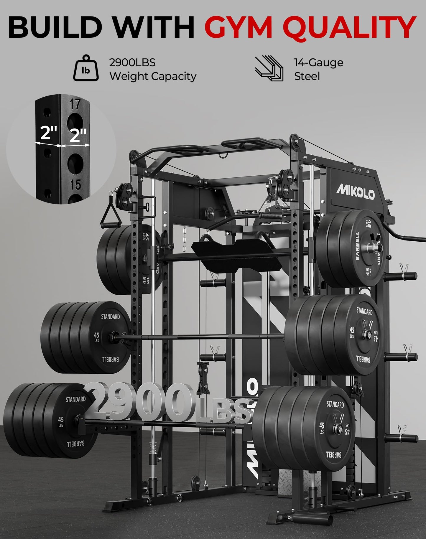 Mikolo Smith Machine with Weight Stack, Power Cage Home Gym System with LAT Pulldown & Cable Crossover, Multi-Functional Trainer with Dual Pulley System, Includes 10+ Free Attachments