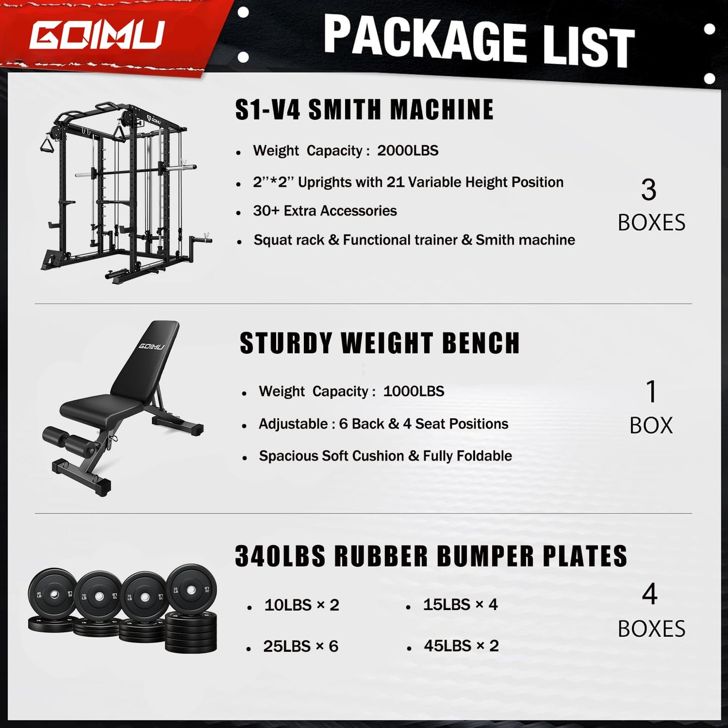 Goimu S1-V4 Smith Machine, 2000LBS Power Cage with Cable Crossover System, All-in-One Squat Rack with Smith Bar, Strength Training Equipment for Hone Gym (Black Smith Machine wiht 340lb Weights)