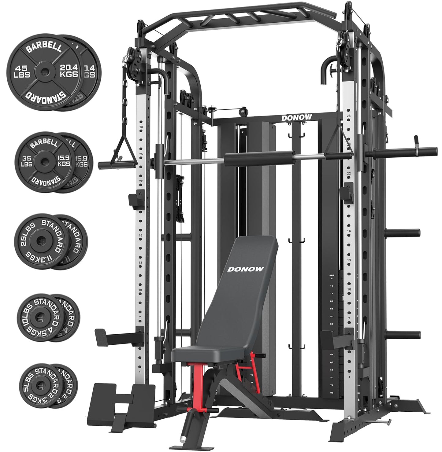 DONOW Smith Machine with Weight Stacks, Multi Function Home Gym System Training Power Cage Squat Rack Dual Cable Crossover Machine All in One
