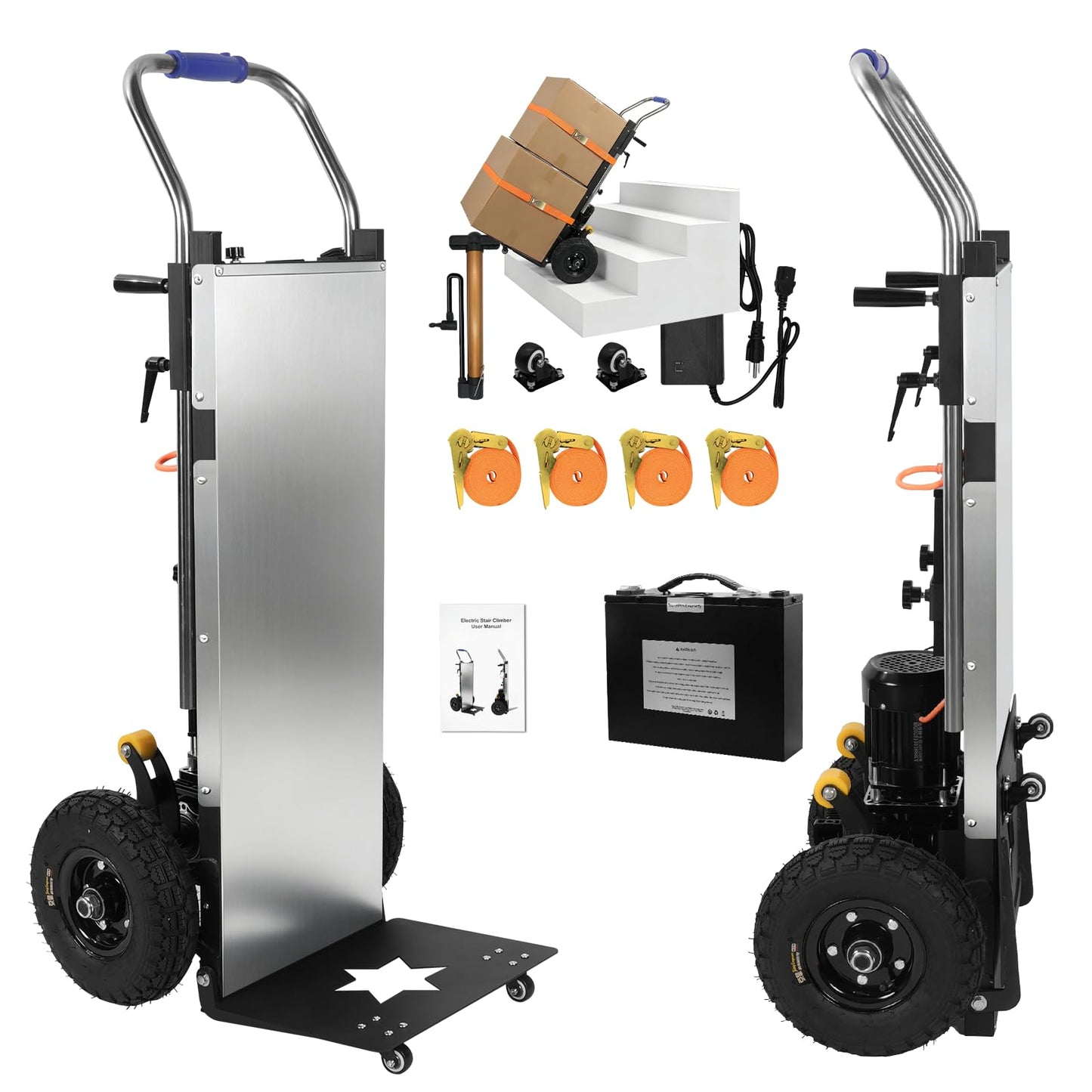 Electric Stair Climbing Dolly 1500W, Heavy Duty Stair Climber Hand Truck, Powered Stair Climbing Cart with 10" Anti-Slip Tires, Adjustable Speed Moving Cart for Appliances Furniture (Silver)